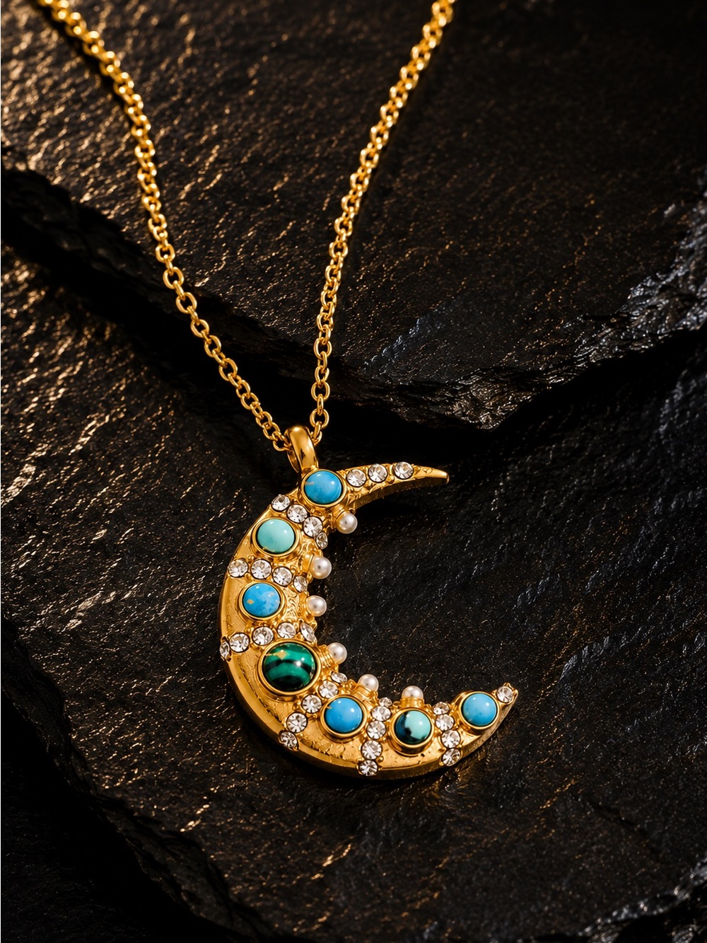 Gold Crescent Moon Pendant Necklace with Turquoise and Green Stones - Picture 4 of 8